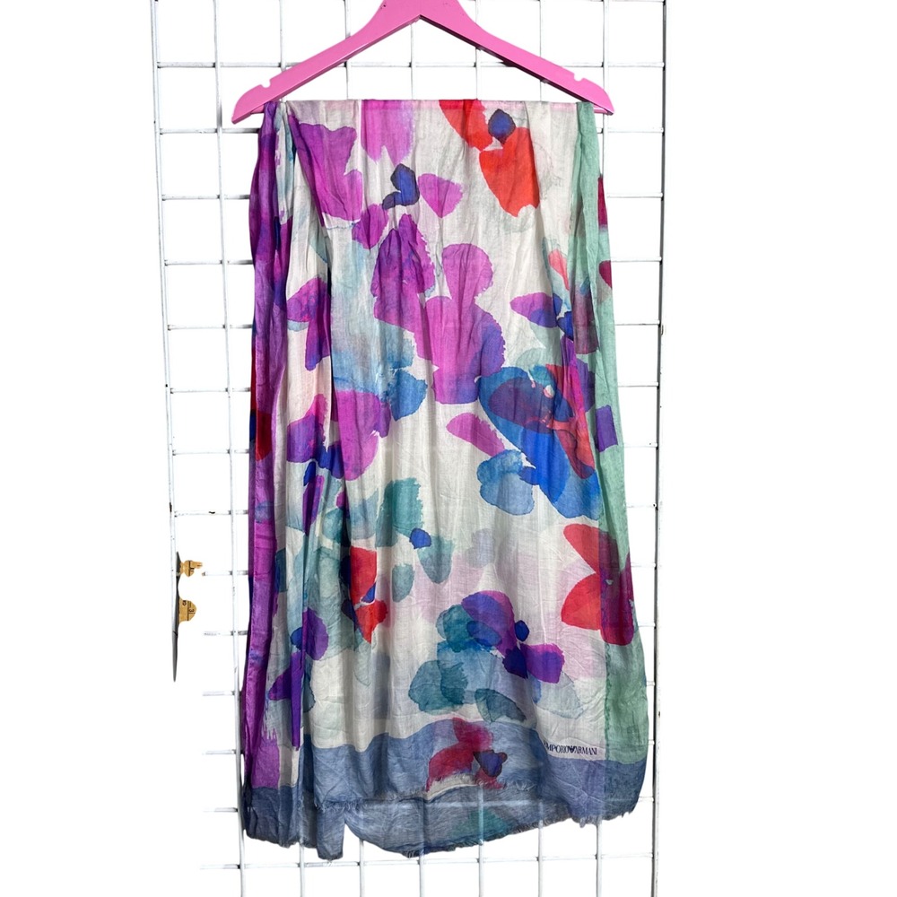 Emporio Armani vintage Floral Watercolor Scarf‎ Purple Blue White Logo Print